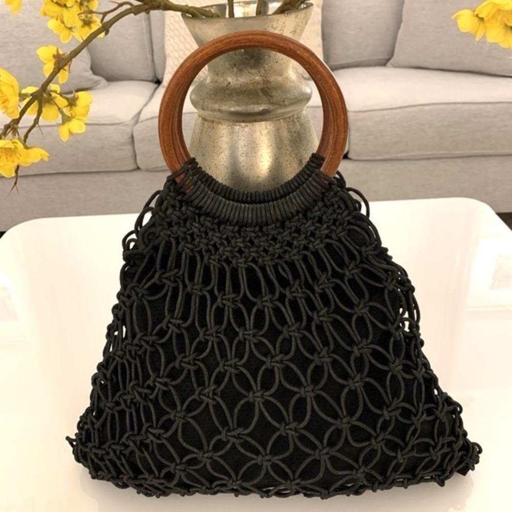Urban Expressions Black Woven Macramé Summer Handbag "Milos Tote" - Picture 2 of 7